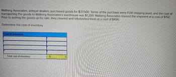 Walberg Associates, antique dealers, purchased goods for $37,500. Terms of the purchase were FOB shipping point, and the cost of
transporting the goods to Walberg Associates's warehouse was $1,200. Walberg Associates insured the shipment at a cost of $150.
Prior to putting the goods up for sale, they cleaned and refurbished them at a cost of $490.
Determine the cost of inventory.
Cost of inventory
Total cost of inventory
0