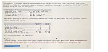 Thermal Rising, Incorporated, makes paragliders for sale through specialty sporting goods stores. The company has a standard
paraglider model, but also makes custom-designed paragliders. Management has designed an activity-based costing system with the
following activity cost pools and activity rates:
Activity Cost Pool
Supporting direct labor
Order processing
Custom design processing
Customer service
Number of gliders
Number of orders
Number of custom designs
Direct labor-hours per glider
$ 22
$ 188
Activity Rate
per direct labor-hour
per order
Management would like an analysis of the profitability of a particular customer, Big Sky Outfitters, which has ordered the following
products over the last 12 months:
$ 269 per custom design
$ 434 per customer
Customer margin
Selling price per glider
Direct materials cost per glider
The company's direct labor rate is $20 per hour.
Standard
Model
13
1
0
27.50
$ 1,925
$ 464
Custom
Design
3
3
34.00
$ 2,450
$ 580
Required:
Using the company's activity-based costing system, compute the customer margin of Big Sky Outfitters. (Round your intermediate
calculations and final answer to the nearest whole dollar amount. Loss amounts should be entered with a minus sign.)