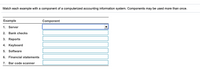 Match each example with a component of a computerized accounting information system. Components may be used more than once.
Example
Component
1. Server
2. Bank checks
3. Reports
4. Keyboard
5. Software
6. Financial statements
7. Bar code scanner
