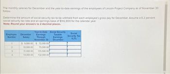 The monthly salaries for December and the year-to-date earnings of the employees of Lincoln Project Company as of November 30
follow.
Determine the amount of social security tax to be withheld from each employee's gross pay for December Assume a 6.2 percent
social security tax rate and an earnings base of $142,800 for the calendar year.
Note: Round your answers to 2 decimal places.
Employee December
Number
Salary
1
2
3.
4
Year-to-Date Social Security
Earnings
Through
November 30
$ 9,000.00 $ 72,000.00
10,000,00
70,000.00
11,000.00
115,500.00
14,000.00
132,000.00
Taxable
Earnings
December
Social
Security Tax
6.2%