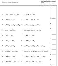 **Redox Equation Balancing Exercise**

**Instructions:** Balance the following redox equations. Write the sum of the coefficients when each equation is balanced to the lowest whole number coefficients. Include the coefficient of any H⁺, OH⁻, and H₂O that is necessary to balance the equation.

1. P₄ + HNO₃(aq) + H₂O(l) → H₃PO₄(aq) + NO(g)
   - Sum of coefficients: _______

2. H₂SO₄(aq) + HCl(aq) → H₂S(g) + Cl₂(g) + H₂O(l)
   - Sum of coefficients: _______

3. KBrO₂(aq) + KCl(aq) + HBr(g) → KBr(aq) + Cl₂(g) + H₂O(l)
   - Sum of coefficients: _______

4. As(s) + HNO₃(aq) → As₂O₅(s) + NO(g) + H₂O(l)
   - Sum of coefficients: _______

5. I₂(s) + NH₃(g) → NH₄I(aq) + N₂(g)
   - Sum of coefficients: _______

6. NO₂(g) + H₂O(l) → HNO₃(aq) + NO(g)
   - Sum of coefficients: _______

7. KBr(aq) + HNO₃(aq) → KNO₃(aq) + NO(g) + Br₂(l) + H₂O(l)
   - Sum of coefficients: _______

8. H₂SO₃(aq) + KMnO₄(aq) → MnSO₄(aq) + H₂SO₄(aq) + K₂SO₄(aq) + H₂O(l)
   - Sum of coefficients: _______

9. KMnO₄(aq) + HBr(aq) → Br₂(l) + KBr(aq) + MnBr₂(aq) + H₂O(l)
   - Sum of coefficients: _______

10. Na₂Cr₂O₇(aq) + H₂O(l) + S(s) → SO₂(g) + NaOH(aq) + Cr₂O₃(s)
    - Sum of coefficients: _______

**Note:** To solve these