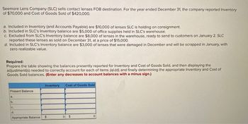 Seemore Lens Company (SLC) sells contact lenses FOB destination. For the year ended December 31, the company reported Inventory
of $70,000 and Cost of Goods Sold of $420,000.
a. Included in Inventory (and Accounts Payable) are $10,000 of lenses SLC is holding on consignment.
b. Included in SLC's Inventory balance are $5,000 of office supplies held in SLC's warehouse.
c. Excluded from SLC's Inventory balance are $8,000 of lenses in the warehouse, ready to send to customers on January 2. SLC
reported these lenses as sold on December 31, at a price of $15,000.
d. Included in SLC's Inventory balance are $3,000 of lenses that were damaged in December and will be scrapped in January, with
zero realizable value.
Required:
Prepare the table showing the balances presently reported for Inventory and Cost of Goods Sold, and then displaying the
adjustment(s) needed to correctly account for each of items (a)-(d), and finally determining the appropriate Inventory and Cost of
Goods Sold balances. (Enter any decreases to account balances with a minus sign.)
Present Balance
a.
b.
C.
d.
Appropriate Balance
Inventory
$
Cost of Goods Sold
0 $
0