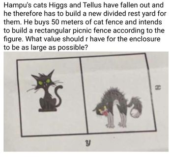 Hampu's cats Higgs and Tellus have fallen out and
he therefore has to build a new divided rest yard for
them. He buys 50 meters of cat fence and intends
to build a rectangular picnic fence according to the
figure. What value should r have for the enclosure
to be as large as possible?
บ