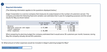 !
Required information
[The following information applies to the questions displayed below.]
Adger Corporation is a service company that measures its output based on the number of customers served. The
company provided the following fixed and variable cost estimates that it uses for budgeting purposes and the actual
results for May as shown below:
Revenue
Employee salaries and wages
Travel expenses
Other expenses
Fixed Element
per Month
$ 57,000
$ 36,000
Variable Element
per Customer
Served
$ 5,800
$ 1,800
$ 950
Amount of other expenses
Actual Total for
May
$ 217,000
$ 128, 100
$ 35,300
$ 34,400
When preparing its planning budget the company estimated that it would serve 35 customers per month; however, during
May the company actually served 40 customers.
13. What amount of other expenses would be included in Adger's planning budget for May?