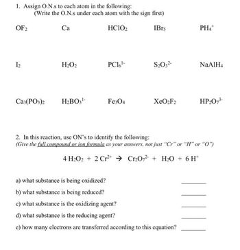 Answered: 1. Assign O.N.s to each atom in the… | bartleby