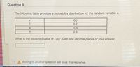 Question 9
The following table provides a probability distribution for the random variable x.
f(x)
0.2
4
0.3
6.
0.5
What is the expected value of E(x)? Keep one decimal places of your answer.
A Moving to another question will save this response.
