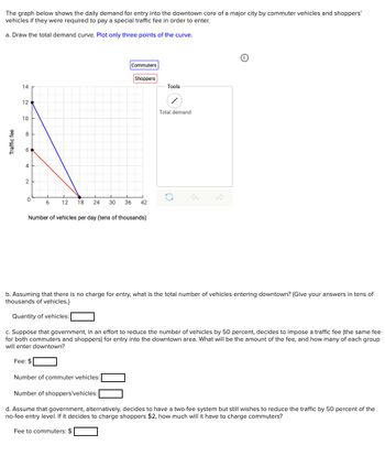 Traffic fee
The graph below shows the daily demand for entry into the downtown core of a major city by commuter vehicles and shoppers'
vehicles if they were required to pay a special traffic fee in order to enter.
a. Draw the total demand curve. Plot only three points of the curve.
14
12
10
4
Commuters
0
6 12
18
24
30
36
42
Number of vehicles per day (tens of thousands)
Shoppers
Tools
Total demand
b. Assuming that there is no charge for entry, what is the total number of vehicles entering downtown? (Give your answers in tens of
thousands of vehicles.)
Quantity of vehicles: [
c. Suppose that government, in an effort to reduce the number of vehicles by 50 percent, decides to impose a traffic fee (the same fee
for both commuters and shoppers) for entry into the downtown area. What will be the amount of the fee, and how many of each group
will enter downtown?
Fee: $
Number of commuter vehicles:
Number of shoppers'vehicles: [
оп
d. Assume that government, alternatively, decides to have a two-fee system but still wishes to reduce the traffic by 50 percent of the
no-fee entry level. If it decides to charge shoppers $2, how much will it have to charge commuters?
Fee to commuters: $