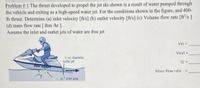 Problem # 1 The thrust developed to propel the jet ski shown is a result of water pumped through
the vehicle and exiting as a high-speed water jet. For the conditions shown in the figure, and 400-
lb thrust. Determine (a) inlet velocity [ft/s] (b) outlet velocity [ft/s] (c) Volume flow rate [ft'/s ]
(d) mass flow rate [ lbm /hr ].
Assume the inlet and outlet jets of water are free jet
Vin =
Vout =
4 in.-diameter
outlet jet
Q =
SEA CHAFT
Mass flow rate
%3D
30-in. inlet area
