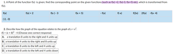 1. A Point of the function f(x) is given; find the corresponding point on the given functions (such as f(x) +2, f(x)-3, f(x+5) etc), which is transformed from
f(x).
f(x)
(2, -3)
f(x) + 2
f(x) - 3
f(x + 5)
2. Describe how the graph of the equation relates to the graph of y=x².
f() = (x + 8)² - 4 (Choose one correct response)
A. a translation 8 units to the right and 4 units up
B. a translation 4 units to the right and 8 units up
C. a translation 8 units to the left and 4 units up
D. a translation 8 units to the left and 4 units down
- f(x)
f(-x)
f(2x) 2f(x) -f(x-4)