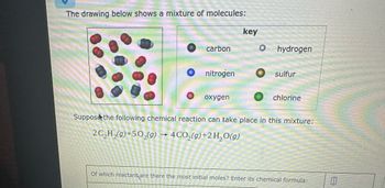 The drawing below shows a mixture of molecules:
carbon
nitrogen
oxygen
key
O hydrogen
sulfur
chlorine
Suppose the following chemical reaction can take place in this mixture:
2C₂H₂(g) +50₂(g) → 4CO₂(g) + 2 H₂O(g)
Of which reactant are there the most initial moles? Enter its chemical formula: