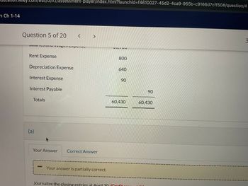 m Ch 1-14
com/
S/U/V2/assessment-player/index.html?launchld=f4610027-45d2-4ca9-955b-c9166d7cff50#/question/4
Question 5 of 20
<
Rent Expense
<
800
Depreciation Expense
640
Interest Expense
90
06
Interest Payable
Totals
(a)
Your Answer
Correct Answer
60,430
Your answer is partially correct.
Journalize the closing entries at April 30 (Crodit
90
60,430
Π
☐
3