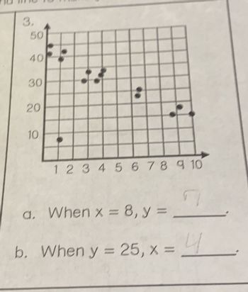 3,
50
40
30
20
10
1 2 3 4 5 6 7 8 9 10
a. When x = 8, y =
b. When y = 25, x = 4