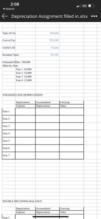 2:08
5G
Search
E Depreciation Assignment filled in.xlsx
Туре of Car:
Porsche
Cost of Car:
$78,100
Useful Life;
5 years
Residual Value:
$3,100
Estimated Miles: 100,000
Miles by Year:
Year 1: 28,000
Year 2: 35,000
Year 3: 25,000
Year 4: 12,000
STRAIGHT-LINE DEPRECIATION
|Carrying
Value
Depreciation
Accumulated
Expense
|Depreciation
Year 1
Year 2
Year 3
Year 4
Year 5
Year 6
Year 7
DOUBLE DECLINING BALANCE
|Carrying
Value
Depreciation
Accumulated
Expense
Depreciation
Year 1

