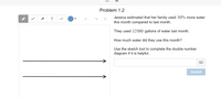 Problem 1.2
Jessica estimated that her family used 30% more water
this month compared to last month.
T
They used 12000 gallons of water last month.
How much water did they use this month?
Use the sketch tool to complete the double number
diagram if it is helpful.
Submit
