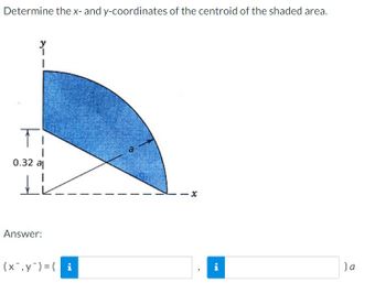 Determine the x- and y-coordinates of the centroid of the shaded area.
3
TI
0.32 al
IK
Answer:
(x, y) = (i
a
x
i
) a