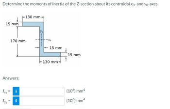 Determine the moments of inertia of the Z-section about its centroidal xo- and yo-axes.
15 mm
Answers:
Ixo
=
Iyo
170 mm
=
IM
i
IM
i
130 mm-
yo
-xo
15 mm
130 mm-
15 mm
(106) mm 4
(10%) mm 4