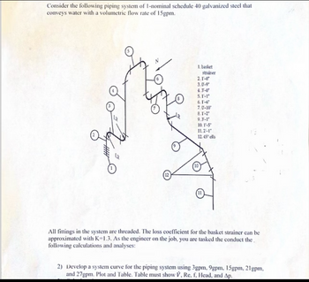 Consider the following piping system of 1-nominal schedule 40 galvanized steel that
conveys water with a volumetric flow rate of 15gpm.
N
1. basket
strainer
2.1'-0"
3.0-9"
4.3-0
5.1-1"
6.1'-6"
7.0-10"
8.1-2"
9.3-1"
10.1'-5"
11.2-1"
12.45° ells
All fittings in the system are threaded. The loss coefficient for the basket strainer can be
approximated with K-1.3. As the engineer on the job, you are tasked the conduct the
following calculations and analyses:
2) Develop a system curve for the piping system using 3gpm, 9gpm, 15gpm. 21gpm,
and 27gpm. Plot and Table. Table must show V, Re, f, Head, and Ap.