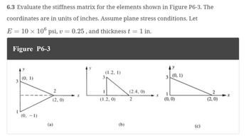 6.3 Evaluate the stiffness matrix for the elements shown in Figure P6-3. The
coordinates are in units of inches. Assume plane stress conditions. Let
E = 10 × 106 psi, v = 0.25, and thickness t = 1 in.
Figure P6-3
3
(0, 1)
(0, -1)
2
(2,0)
(a)
(1.2. 1)
(1.2, 0)
(b)
(2.4, 0)
2
x
3
(0, 1)
1
(0, 0)
(c)
(2,0)