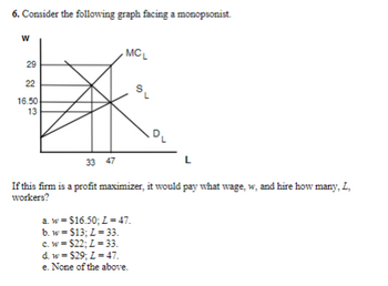 6. Consider the following graph facing a monopsonist.
W
29
22
16.50
13
MCL
S
33 47
If this firm is a profit maximizer, it would pay what wage, w, and hire how many, L,
workers?
a. w
$16.50; Z=47.
b. w = $13; Z=33.
c. w = $22; Z=33.
d. w $29; Z=47.
e. None of the above.