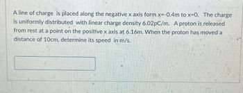 A line of charge is placed along the negative x axis form x=-0.4m to x=0. The charge
is uniformly distributed with linear charge density 6.02pC/m. A proton is released
from rest at a point on the positive x axis at 6.16m. When the proton has moved a
distance of 10cm, determine its speed in m/s.