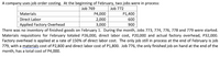 A company uses job order costing. At the beginning of February, two jobs were in process:
Job 769
Job 772
Materials
P4,000
P1,400
2,000
3,000
There was no inventory of finished goods on February 1. During the month, Jobs 773, 774, 776, 778 and 779 were started.
Direct Labor
600
Applied Factory Overhead
006
Materials requisitions for February totaled P26,000, direct labor cost, P20,000 and actual factory overhead, P32,000.
Factory overhead is applied at a rate of 150% of direct labor cost. The only job still in process at the end of February is job
779, with a materials cost of P2,800 and direct labor cost of P1,800. Job 776, the only finished job on hand at the end of the
month, has a total cost of P4,000.
