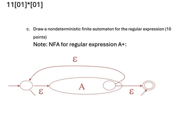 11[01]*[01]
c. Draw a nondeterministic finite automaton for the regular expression (10
points)
Note: NFA for regular expression A+:
E
3
A
E