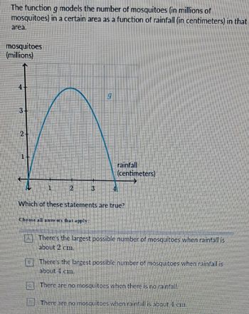 The function g models the number of mosquitoes (in millions of
mosquitoes) in a certain area as a function of rainfall (in centimeters) in that
area.
mosquitoes
(millions)
3-
1
rainfall
(centimeters)
Which of these statements are true?
Choose all answers that apply:
2 There's the largest possible number of mosquitoes when rainfall is
about 2 cm.
There's the largest possible number of mosquitoes when rainfall is
about 4 cm
There are no mosquitoes when there is no rainfall.
There are no mosquitoes when rainfall is about 1 cm.