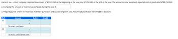 Harvest, Inc., a retail company, reported inventories of $1,020,240 at the beginning of the year, and $1,050,480 at the end of the year. The annual income statement reported cost of goods sold of $8,760,240.
a. Compute the amount of inventory purchased during the year. $
a. Prepare journal entries to record (1) inventory purchases and (2) cost of goods sold. Assume all purchases were made on account.
Ref.
(1)
(2)
Account
To record purchases.
To record cost of goods sold.
Debit
Credit