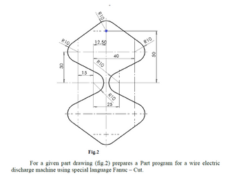 R10
RIO
12,50
30
15
R10
40
R10
RTO
25
50
Fig.2
For a given part drawing (fig.2) prepares a Part program for a wire electric
discharge machine using special language Fanuc - Cut.