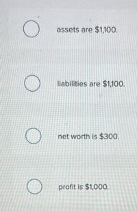 assets are $1,100.
liabilities are $1,100.
net worth is $300.
profit is $1,000.
