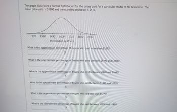 ### Normal Distribution of HD Television Prices

The graph shows a normal distribution representing the prices paid for a specific model of HD television. Key statistics include:

- **Mean Price:** $1600
- **Standard Deviation:** $110

#### Graph Explanation

The graph is a bell curve illustrating the distribution of prices along the x-axis, ranging from $1270 to $1930. The peak of the curve corresponds to the mean price of $1600. The standard deviation helps determine the spread of the prices around the mean.

### Questions

1. **What is the approximate percentage of buyers who paid more than $1820?**

   [Answer box]

2. **What is the approximate percentage of buyers who paid between $1490 and $1600?**

   [Answer box]

3. **What is the approximate percentage of buyers who paid between $1270 and $1600?**

   [Answer box]

4. **What is the approximate percentage of buyers who paid between $1490 and $1710?**

   [Answer box]

5. **What is the approximate percentage of buyers who paid less than $1270?**

   [Answer box]

6. **What is the approximate percentage of buyers who paid between $1600 and $1820?**

   [Answer box]

This distribution is useful for analyzing purchasing patterns and understanding how prices vary among buyers for this HD television model.