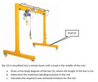 Rod (2)
Bar (2) is simplified into a simple beam with a load in the middle of the rod.
а.
Draw a free body diagram of the bar (2), where the length of the bar is 1m.
b. Determine the maximum bending moment in the rod
С.
Calculate the required cross-sectional modulus for the rod
