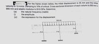 E pe Vi5 For the frame shown below, the initial displacement is 25 mm and the initial
velocity is 13 mm/s. Damping is 10% of critical. Cross-sectional dimension of each column is 250 mm x
300 mm and elastic modulus is 22.8 GPa. Determine
(a)
()
(c)
the natural frequency (rad/s)
the amplitude
the expression for the displacement
500 kN
3 m
5m
5 m
