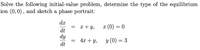 Solve the following initial-value problem, determine the type of the equilibrium
-ion (0,0), and sketch a phase portrait:
dx
x + y,
x (0) = 0
dt
dy
4x + Y,
y (0) = 3
dt
