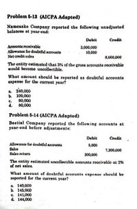 Problem 5-13 (AICPA Adapted)
Namesake Conpany reported the following unadjusted
balances at year-end:
Debit
Credit
Accounts receivable
Allowance for doubtful accounts
Net credit sales
3,000,000
10,000
8,000,000
The entity estimated that 3% of the gross accounts receivable
would become uncollectible.
What amount should be reported as doubtful accounts
expense for the current year?
a. 240,000
b. 100,000
90,000
d. 80,000
с.
Problem 5-14 (AICPA Adapted)
Bestial Company reported the following accounts at
year-end before adjustments:
Debit
Credit
Allowance for doubtful accounts
5,000
Sales
Sales return
7,200,000
200,000
The entity estimated uncollectible accounts receivable at 2%
of net sales.
What amount of doubtful accounto expenee should be
reported for the current year?
a. 140,000
ь. 145,000
c. 141,000
d. 144,000
