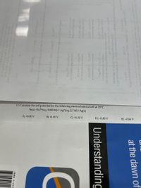 11) Calculate the cell potential for the following electrochemical cell at 25°C.
Sn(s) I Sn2+(aq, 0.022 M) || Ag*(aq, 2.7 M) ' Ag(s)
A) +0.01 V
B) +1.01 V
C) +1.31 V
D) -0.83 V
E) -0.66 V
o slo ni oy oorla taan woy stninqoqa sllW
b n so nd s no or o de yom oY hohirong sanga sdi ni enn sill slitW JOT
at the dawn of
Telu (a02- (on)02nitacor sdi ni bosibixm al esboga lerlVW (I
(e) (8
(e) (A
uba gniml) bibe ni mib gnivio d banimsisb od nao abool lo tsinoo nori ariT (S
uho rtiw ginsit bos ()rovi of (II)aoni sr
moien svods srl ni enoitonor-llad owt srd vidnsbi
noithen-tiad noidsbixo (A
()C-(p0)+
Understanding
noi-lerd noitarbin
oitn-ih miub
noitonon-lisd noilabixo (8
Inolnben
noihen-Herl noltebixo (O
noi-lld notubn
noitbson-llarl noitebixo (a
ituloe aibis n euo titi noitonon zolan girolloi srli sonsla (
(pa) (penM- ( (pn) OnM
balad odpo gniwollot st oste noi snolboqri srb to insibison ard ai tedW (
(noituloe siad)
CIO20-C 201
I (A
OCH ()nM (pa) (n)-OnM noitsn-ilad sdi lsooinsvlsa s nl (e
aborao sli ie sUDo bns noitn-llad noiabixo ns (A
obonn orls nuso bns notoon-Uard oibubon (6
ISBN 1-411
borteo sli n
