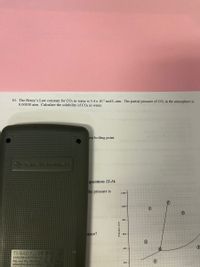 10. The Henry's Law constant for CO2 in water is 3.4 x 102 mol/L-atm. The partial pressure of CO2 in the atmosphere is
0.00030 atm. Calculate the solubility of CO2 in water.
HO-H
est boiling point.
ot o ing ade
TEXAS INSTRUMENTS
questions 12-14.
the pressure is
1200-
1000 -
800
cance?
600
400
TI-BAI PLUSE S
CANICES-3{B)/NMB-3ID)
Pol nnd Pot. Pendings
achuention.th.com/patent
200 -
Pressure, torr
