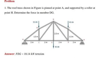 Problem
1. The roof truss shown in Figure is pinned at point A, and supported by a roller at
point H. Determine the force in member DG.
55 kN
45 KN
2.5 m
1.5 m
1.5m
2 m
C 2m
E
2 m
G2m
90 KN
Answer: FDG = 18.14 kN tension