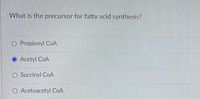 What is the precursor for fatty acid synthesis?
O Propionyl CoA
O Acetyl CoA
O Succinyl CoA
O Acetoacetyl CoA
