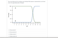 The curves below are for an unknown acid, HUn(aq). What species is represented by curve B and
what is the approximate pka of HUn(aq)?
100
A
75
50
25
В
1
2
3
5
7
8
9
10
11
12
pH
O UN (aq) and pka=9
O UN (aq) and pKa=60
O HUN(aq) and pKa=9
O HUN(aq) and pKa=60
Percentage
