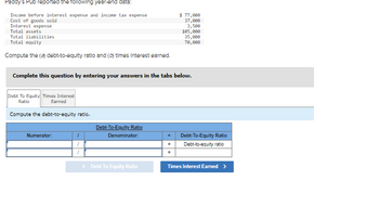Paddy's Pub reported the following year-end data:
Income before interest expense and income tax expense
Cost of goods sold
Interest expense
Total assets
Total liabilities
Total equity
Compute the (a) debt-to-equity ratio and (b) times Interest earned.
Complete this question by entering your answers in the tabs below.
Debt To Equity Times Interest
Ratio
Earned
Compute the debt-to-equity ratio.
Numerator:
1
1
Debt-To-Equity Ratio
Denominator:
< Debt To Equity Ratio
$ 77,000
37,000
3,500
105,000
35,000
70,000
=
Debt-To-Equity Ratio
Debt-to-equity ratio
Times Interest Earned >
II