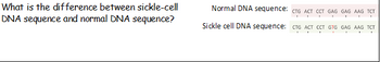 What is the difference between sickle-cell
DNA sequence and normal DNA sequence?
Normal DNA sequence: CTG ACT CCT GAG GAG AAG
TCT
Sickle cell DNA sequence: CTG ACT CCT GTG GAG AAG TCT