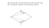 (b) The diagram shows a kite AFCE inside rhombus ABCD. Angle AFB = angle
AED = 35°, angle ABF = angle ADE = 120°. Find the size of angle EAF.
%3D
120°
35%
A
C
35
F
1200
B
