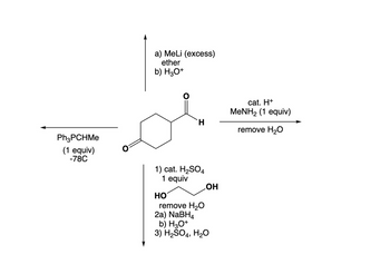 a) MeLi (excess)
ether
b) H3O+
H
Ph3PCHMe
(1 equiv)
-78C
1) cat. H2SO4
1 equiv
HO
OH
remove H₂O
2a) NaBH4
b) H3O+
3) H2SO4, H2O
cat. H+
MeNH2 (1 equiv)
remove H₂O