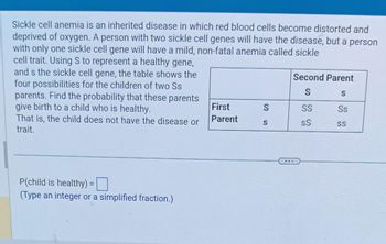 Sickle cell anemia is an inherited disease in which red blood cells become distorted and
deprived of oxygen. A person with two sickle cell genes will have the disease, but a person
with only one sickle cell gene will have a mild, non-fatal anemia called sickle
cell trait. Using S to represent a healthy gene,
and s the sickle cell gene, the table shows the
four possibilities for the children of two Ss
parents. Find the probability that these parents
give birth to a child who is healthy.
That is, the child does not have the disease or
trait.
P(child is healthy) =
(Type an integer or a simplified fraction.)
First
Parent
S
S
Second Parent
S
S
Ss
SS
SS
SS