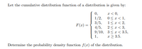 Let the cumulative distribution function of a distribution is given by:
I < 0,
1/2, 0<I< 1,
3/5, 1<1< 2,
4/5, 2< r < 3,
9/10, 3<I< 3.5,
0,
F(x) =
1,
x> 3.5.
Determine the probability density function f(r) of the distribution.
