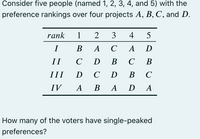 Consider five people (named 1, 2, 3, 4, and 5) with the
preference rankings over four projects A, B, C, and D.
rank
2
3
4
I
В
A
C
A
II
с D B св
III
D C
D B C
IV
A B
A D A
How many of the voters have single-peaked
preferences?
