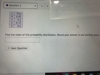 Question 3
x P(x)
0 0.05
0.2
2 0.15
3 0.6
Find the mean of this probability distribution. Round your answer to one decimal place.
> Next Question
