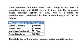 Lane Industries produced 60,000 units during its first year of
operations and sold 54,800 units at $15 per unit. The company
chose practical activity at 60,000 units to compute its
predetermined overhead rate. The manufacturing costs are as
follows:
Manufacturing Costs Amount ($)
Direct Materials
$150,000
Direct Labor
$120,000
Variable Overhead
$72,000
$60,000
Fixed Overhead
Calculate the cost of ending inventory under variable costing.