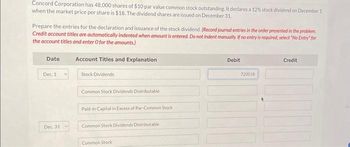 Concord Corporation has 48,000 shares of $10 par value common stock outstanding. It declares a 12% stock dividend on December 1
when the market price per share is $18. The dividend shares are issued on December 31.
Prepare the entries for the declaration and issuance of the stock dividend. (Record journal entries in the order presented in the problem.
Credit account titles are automatically indented when amount is entered. Do not indent manually. If no entry is required, select "No Entry" for
the account titles and enter O for the amounts.)
Date
Dec. 1
Dec. 31
Account Titles and Explanation
Stock Dividends
Common Stock Dividends Distributable
Paid-in Capital in Excess of Par-Common Stock
Common Stock Dividends Distributable
Common Stock
Debit
720018
Credit
000